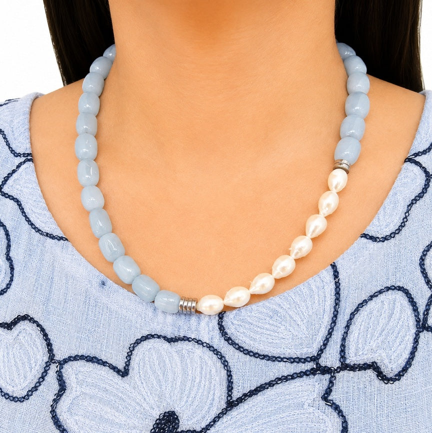 Halskette mit Aquamarin, Perle und Hämatit 69158