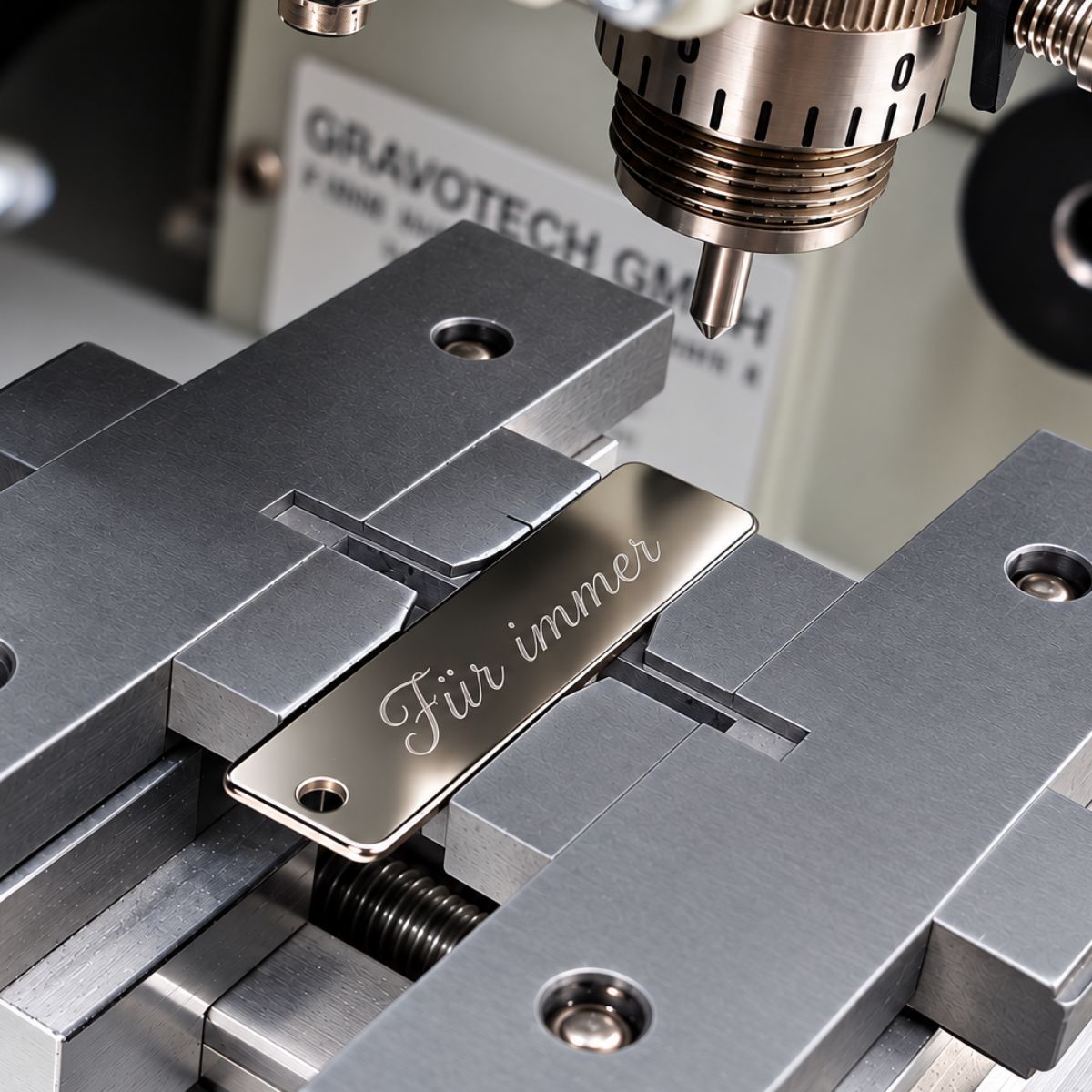 Gravurmaschine bei der Arbeit, Silberplatte mit graviertem Schriftzug "Für immer"
