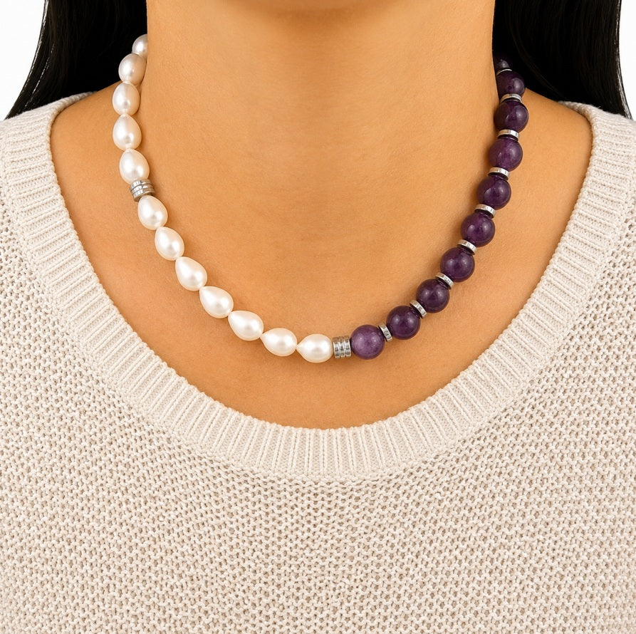Halskette mit Amethyst, Perle und Hämatit Silber 60030