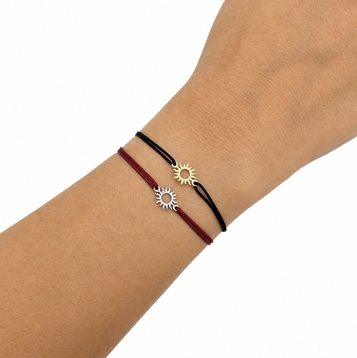 Stoffarmbänder mit Sonnen-Symbol in Silber und Gelbgoldfarben