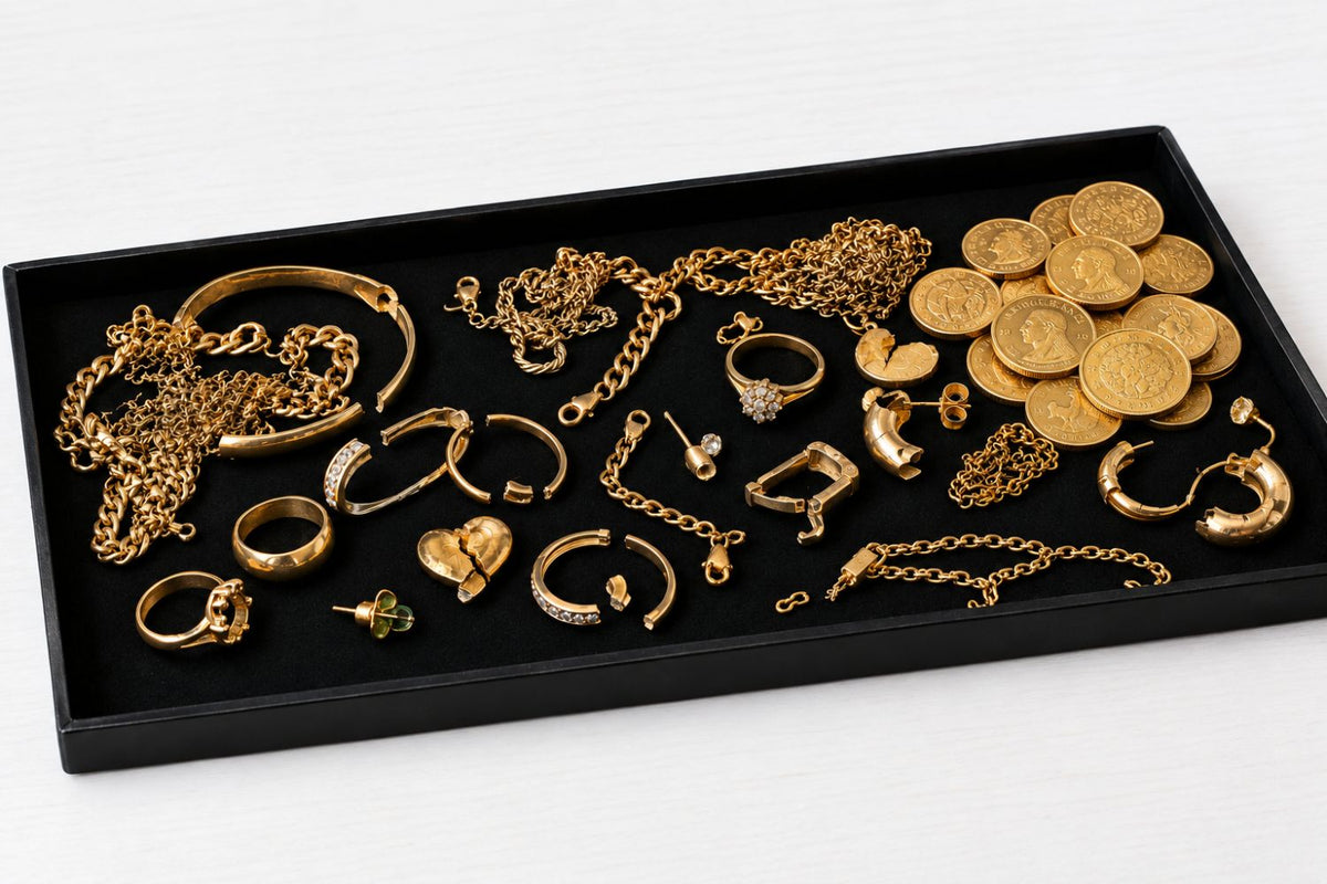Schwarzes Tablett mit Altgold, Bruchgold und Goldmünzen
