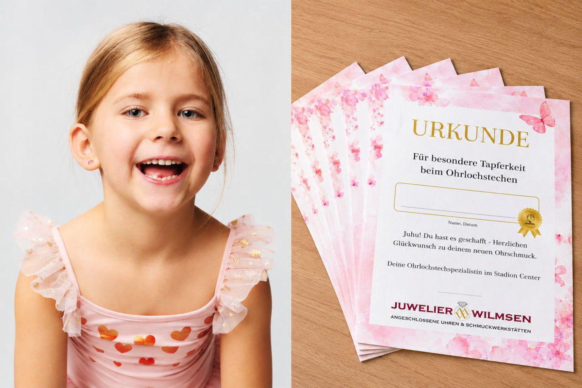 Lachendes Kind mit frisch gestochenen Ohrringen, Tapferkeitsurkunde von Juwelier Wilmsen
