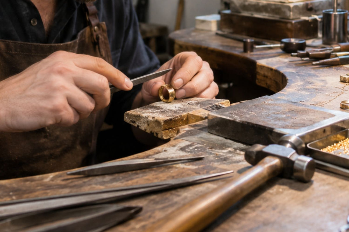 Goldschmied arbeitet an einem goldenen Ring