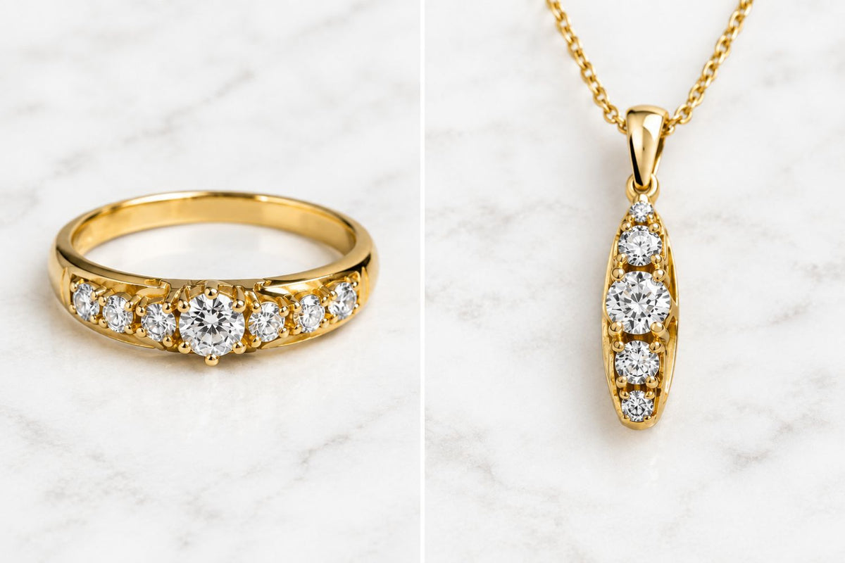 Umgearbeitetes Schmuckstück. Links ein Goldring mit Brillanten, rechts sieht man einen Anhänger aus Gold mit Brillanten, der aus dem Ring gemacht wurde.