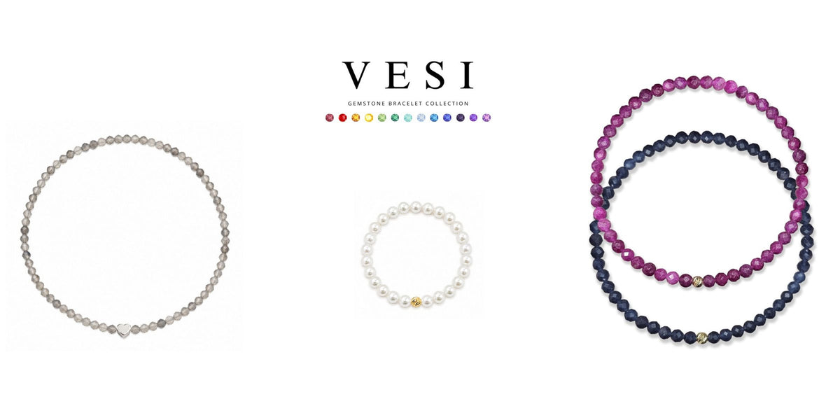 Vesi Edelsteinarmbänder mit Mondstein, Rubin und Saphir. Vesi Perlenring mit Goldkugel