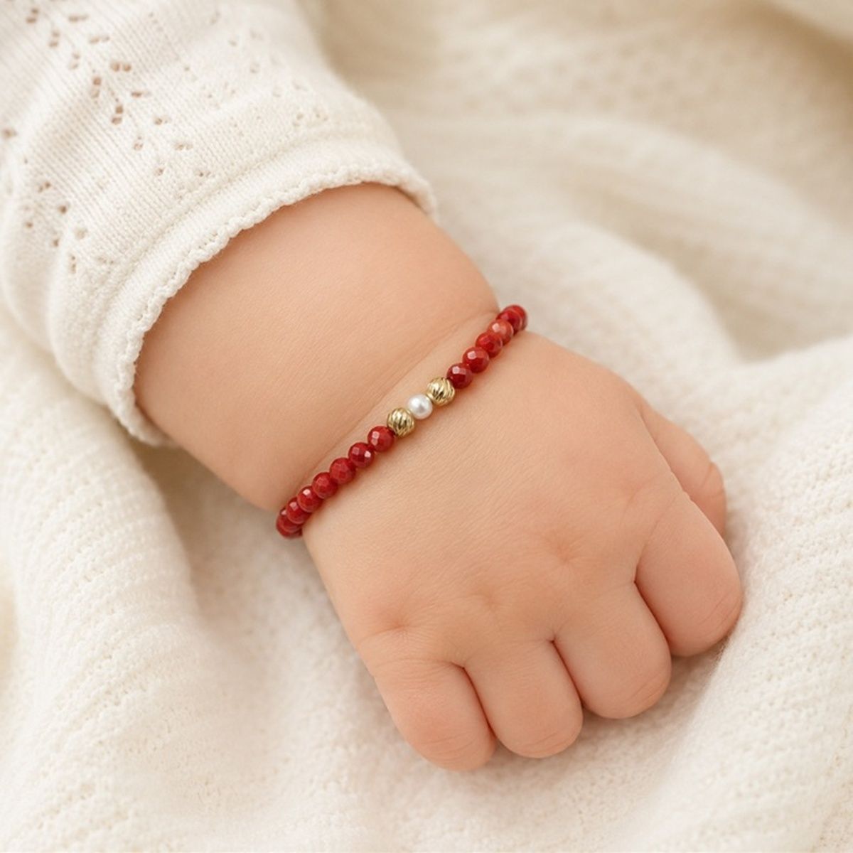 Babyhand mit rotem Koralle-Armband mit Perlen und Goldkugeln, Kinderschmuck kaufen bei Juwelier Wilmsen